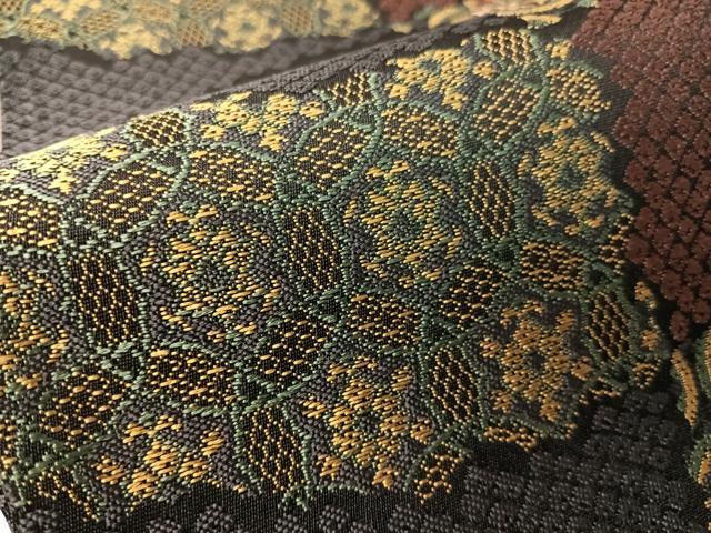 平和屋着物●両面 六通柄袋帯 草木染 変わり市松花文 黒地 金糸 正絹 逸品 CABI4176vp
