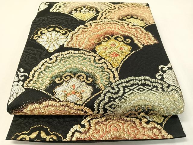 平和屋着物●六通柄袋帯 雪輪青海波花文 黒地 金銀糸 正絹 逸品 CABI4179vp