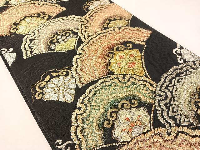 平和屋着物●六通柄袋帯 雪輪青海波花文 黒地 金銀糸 正絹 逸品 CABI4179vp