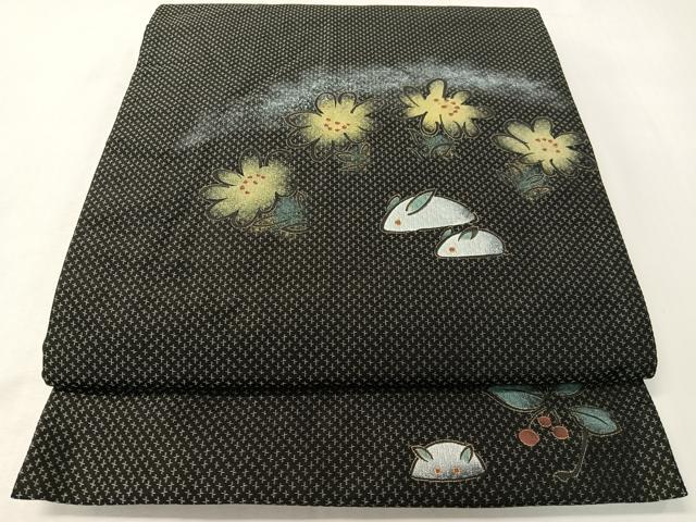 平和屋着物●太鼓柄袋帯 雪兎 黒地 金彩 やまと誂製 正絹 逸品 CABI4180vp