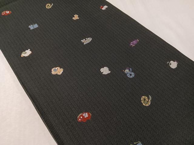 平和屋着物●六通柄袋帯 唐織 十二支 干支 黒地 正絹 逸品 CABI4186vp