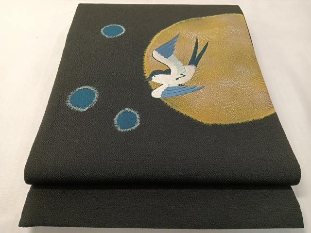 平和屋着物●太鼓柄袋帯 手刺繍 燕 絞り 黒地 金銀彩 鬼しぼ縮緬 やまと誂製 正絹 逸品 未使用 CABI4197vp