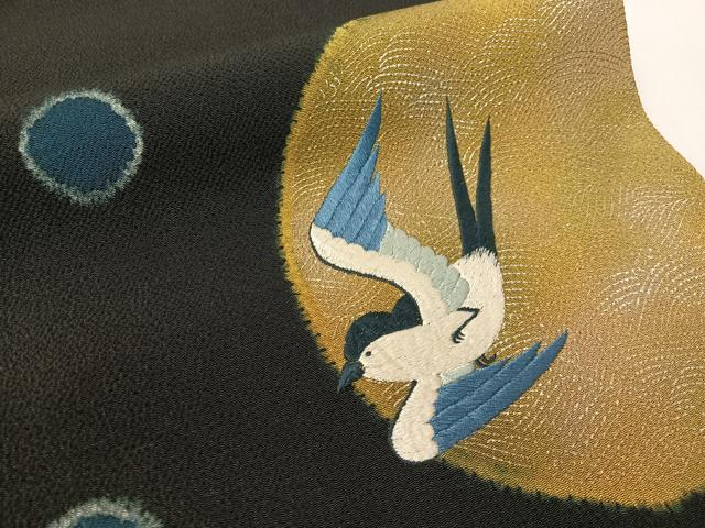平和屋着物●太鼓柄袋帯 手刺繍 燕 絞り 黒地 金銀彩 鬼しぼ縮緬 やまと誂製 正絹 逸品 未使用 CABI4197vp