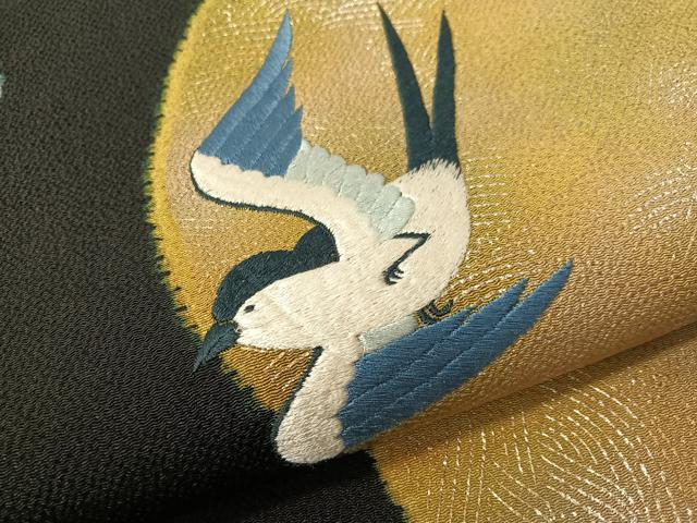 平和屋着物●太鼓柄袋帯 手刺繍 燕 絞り 黒地 金銀彩 鬼しぼ縮緬 やまと誂製 正絹 逸品 未使用 CABI4197vp
