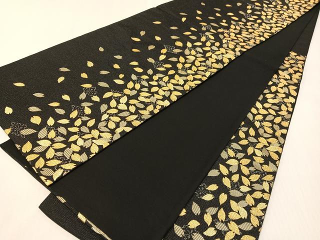 平和屋着物●六通柄袋帯 舞桜 黒地 金糸 正絹 逸品 CABI4216vp