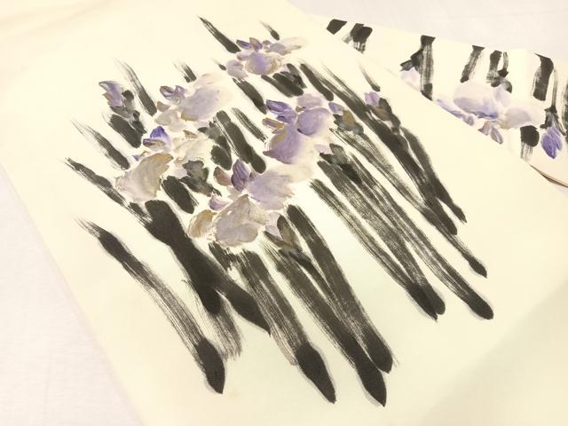 平和屋着物●塩瀬 九寸名古屋帯 作家物 手描き 杜若 金彩 正絹 逸品 CABI4223vp