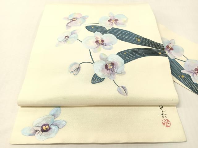 平和屋着物●九寸名古屋帯 作家物 手描き 紬地 胡蝶蘭 金銀彩 正絹 逸品 CABI4224vp