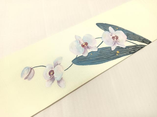 平和屋着物●九寸名古屋帯 作家物 手描き 紬地 胡蝶蘭 金銀彩 正絹 逸品 CABI4224vp
