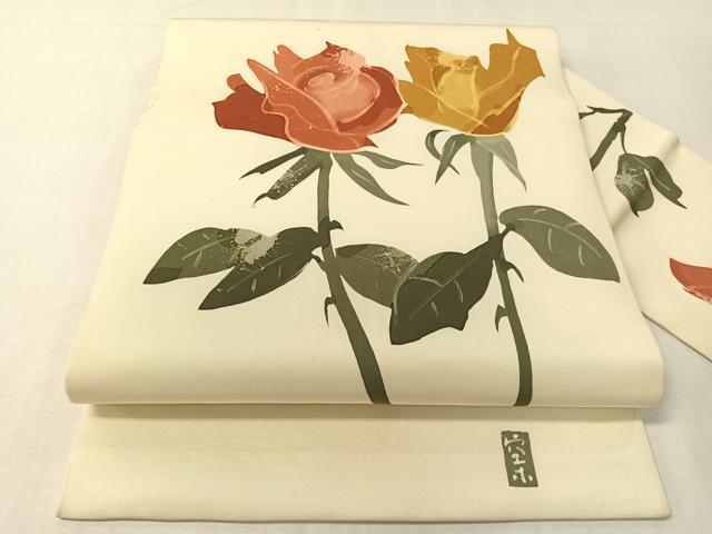 平和屋着物●日展染色作家 高久空木 ろうけつ染め 塩瀬 九寸名古屋帯 薔薇 正絹 逸品 CABI4237vp