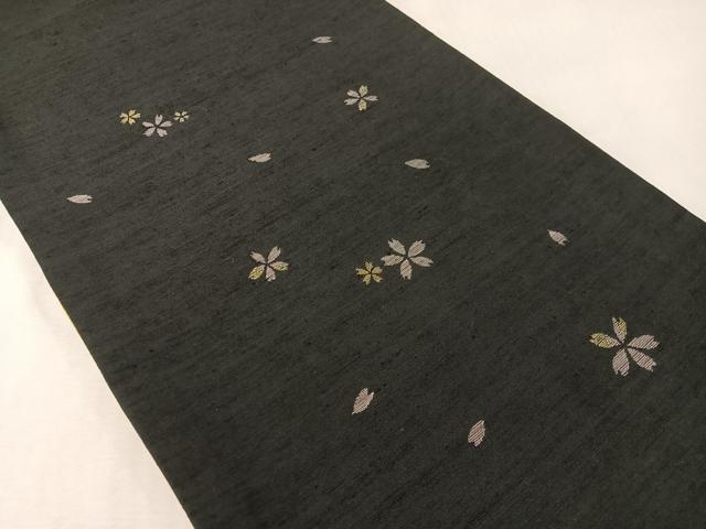 平和屋着物●太鼓柄袋帯 紬地 舞桜 黒地 正絹 逸品 CABI4240vp