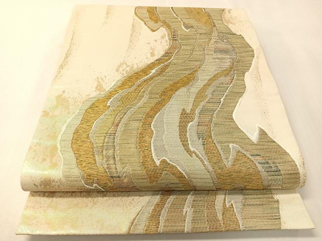 平和屋着物●西陣 浅山織物謹製 両面 六通柄袋帯 真珠箔 錦河墨流文 金糸 正絹 逸品 CABI4241vp