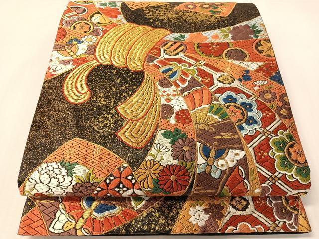 平和屋着物●西陣 河合美術織物謹製 六通柄袋帯 唐織 豊明錦 黒地 金糸 正絹 逸品 CABI4243vp