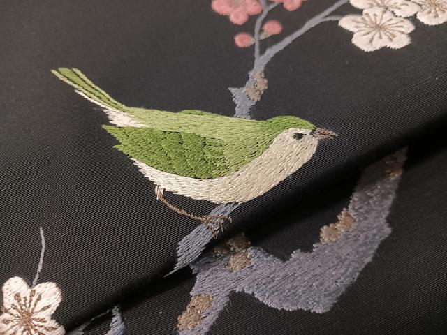 平和屋着物●総刺繍 九寸名古屋帯 枝梅鳥文 黒地 金銀糸 CABI4245vp