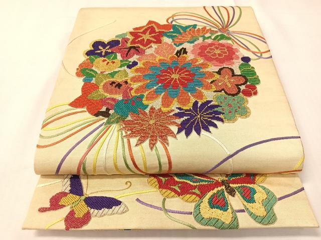平和屋着物●アンティーク 大正ロマン 総刺繍 絽刺し 区限刺繍 太鼓柄袋帯 束ね花文 金銀糸 正絹 逸品 CABI4269vp