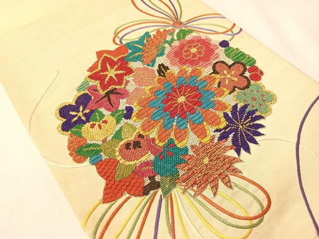 平和屋着物●アンティーク 大正ロマン 総刺繍 絽刺し 区限刺繍 太鼓柄袋帯 束ね花文 金銀糸 正絹 逸品 CABI4269vp