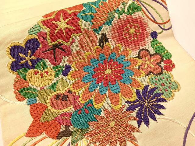 平和屋着物●アンティーク 大正ロマン 総刺繍 絽刺し 区限刺繍 太鼓柄袋帯 束ね花文 金銀糸 正絹 逸品 CABI4269vp