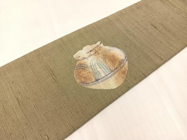 平和屋着物●九寸名古屋帯 紬地 ろうけつ染め 陶器文 正絹 逸品 CABI4273vp