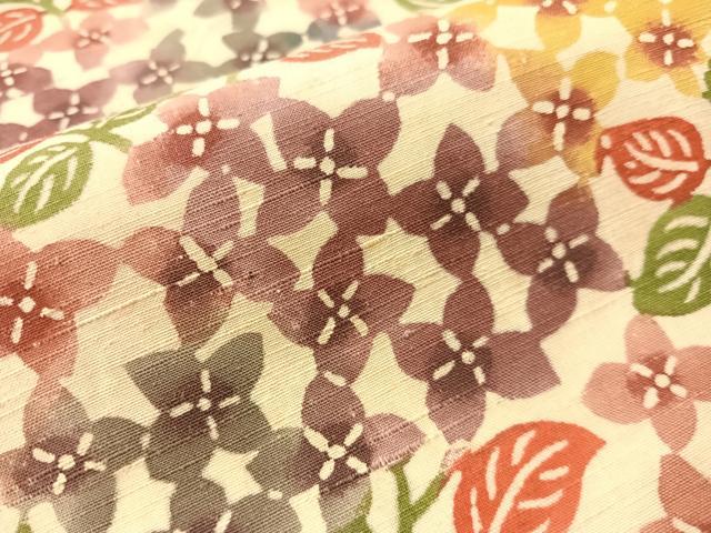 平和屋着物●九寸名古屋帯 紬地 型染め 草花文 正絹 逸品 CABI4278vp