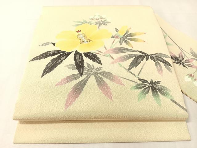 平和屋着物●人間国宝・羽田登喜男 九寸名古屋帯 草花文 鬼しぼ縮緬 正絹 逸品 CABI4286vp