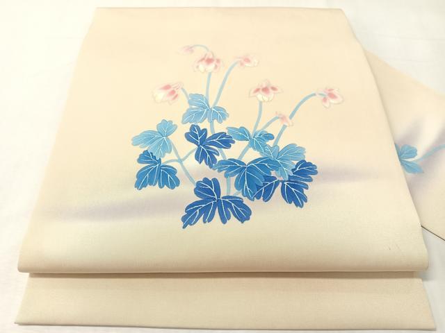 平和屋着物●塩瀬 九寸名古屋帯 手描き 草花文 正絹 逸品 CABI4290vp