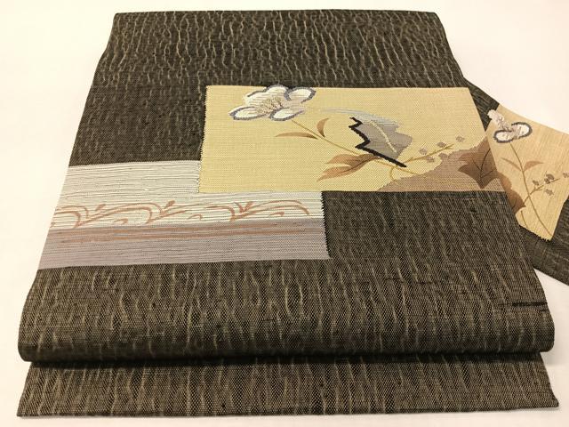 平和屋着物●九寸名古屋帯 紬地 すくい織 色紙花文 金糸 正絹 逸品 CABI4294vp
