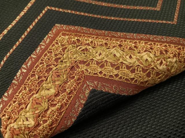 平和屋着物●本場筑前博多織 八寸名古屋帯 リボン織 幾何学文様 黒地 金銀糸 正絹 逸品 CABI4297vp