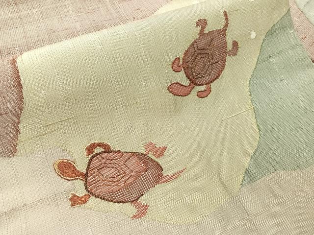 平和屋着物●九寸名古屋帯 紬地 刺繍 亀 金糸 反端付き 正絹 逸品 CABI4305vp