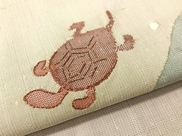 平和屋着物●九寸名古屋帯 紬地 刺繍 亀 金糸 反端付き 正絹 逸品 CABI4305vp
