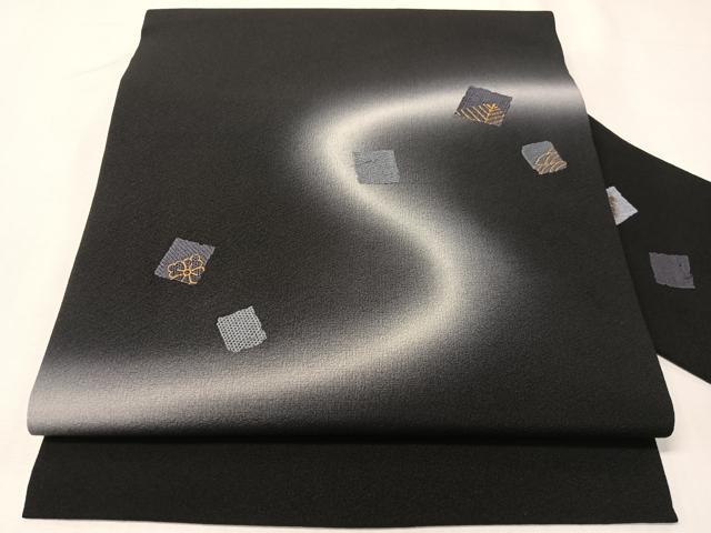 平和屋着物●塩瀬 九寸名古屋帯 刺繍 箔散らし 黒地 金糸 正絹 逸品 CABI4311vp