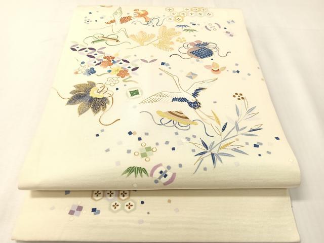 平和屋着物●塩瀬 九寸開き名古屋帯 宝尽くし飛鶴文 銀通し地 正絹 逸品 CABI4335vp