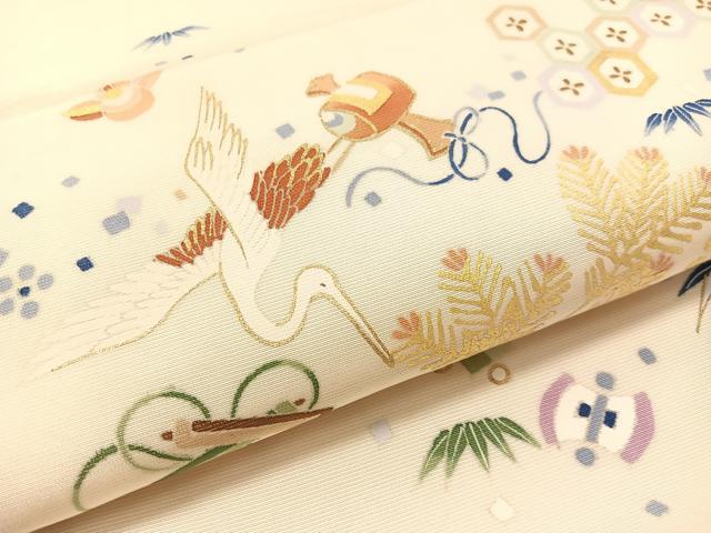 平和屋着物●塩瀬 九寸開き名古屋帯 宝尽くし飛鶴文 銀通し地 正絹 逸品 CABI4335vp