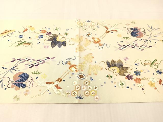 平和屋着物●塩瀬 九寸開き名古屋帯 宝尽くし飛鶴文 銀通し地 正絹 逸品 CABI4335vp