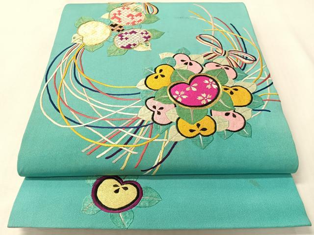 平和屋着物●アンティーク 大正ロマン 太鼓柄袋帯 総刺繍 束ね花文 金糸 正絹 逸品 CABI4350vp