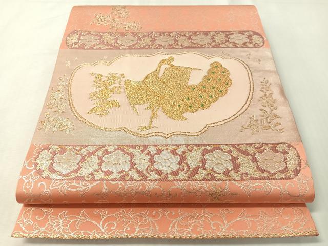 平和屋着物●龍村晋謹製 全通柄袋帯 金色孔雀文錦 金銀糸 正絹 逸品 未使用 CABI4355vp