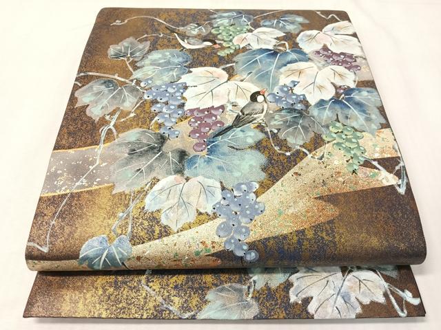 平和屋着物●六通柄袋帯 作家物 手描き 葡萄蔦の葉鳥文 金銀彩 引箔 正絹 逸品 CABI4356vp