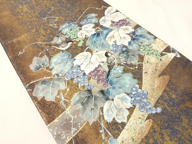 平和屋着物●六通柄袋帯 作家物 手描き 葡萄蔦の葉鳥文 金銀彩 引箔 正絹 逸品 CABI4356vp