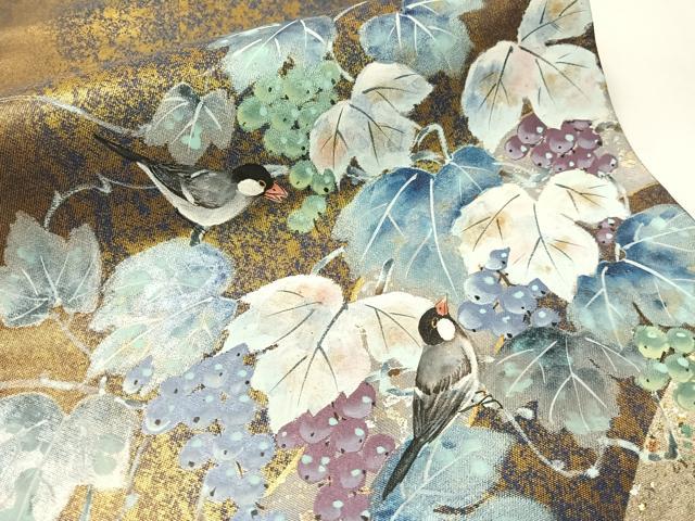平和屋着物●六通柄袋帯 作家物 手描き 葡萄蔦の葉鳥文 金銀彩 引箔 正絹 逸品 CABI4356vp