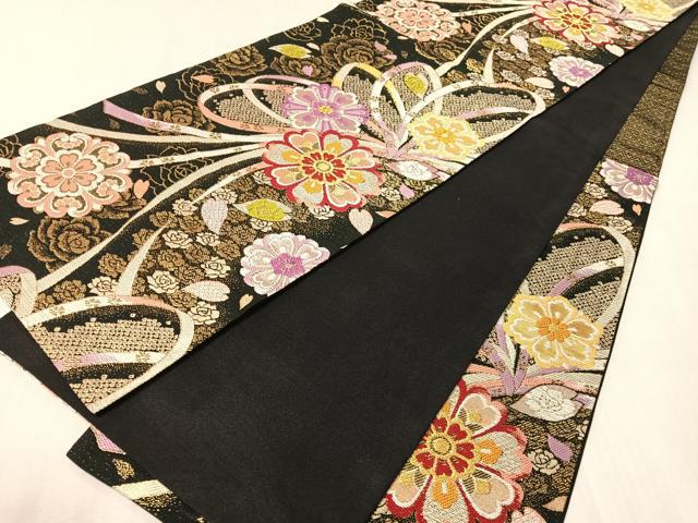 平和屋着物●六通柄袋帯 熨斗花文 黒地 金糸 正絹 逸品 CABI4374vp