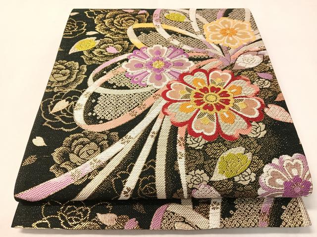 平和屋着物●六通柄袋帯 熨斗花文 黒地 金糸 正絹 逸品 CABI4374vp