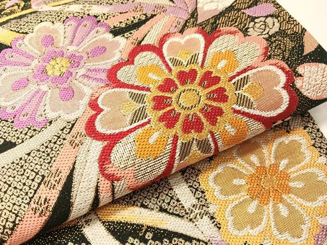平和屋着物●六通柄袋帯 熨斗花文 黒地 金糸 正絹 逸品 CABI4374vp