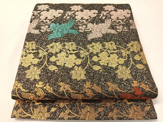 平和屋着物●六通柄袋帯 四季しまつづれ 飛鳥花文 黒地 金糸 正絹 逸品 未使用 CABI4378vp