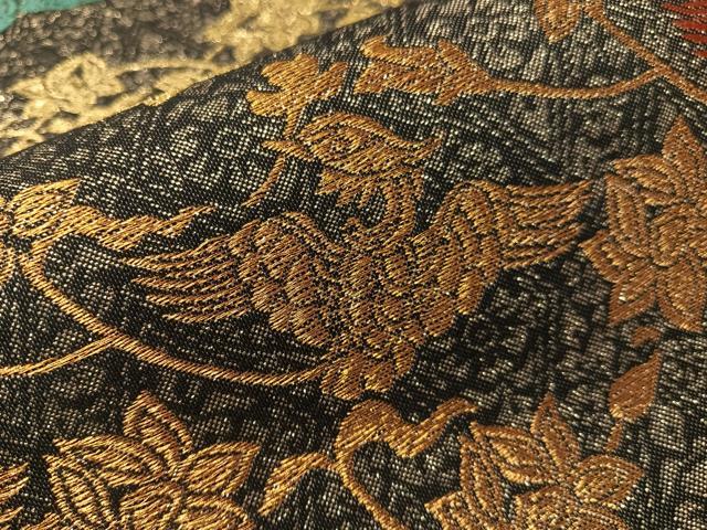 平和屋着物●六通柄袋帯 四季しまつづれ 飛鳥花文 黒地 金糸 正絹 逸品 未使用 CABI4378vp