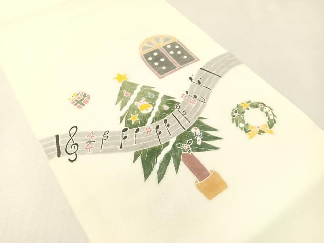 平和屋着物●九寸開き名古屋帯 作家物 手描き クリスマス ツリー リース 音符 正絹 逸品 CABI4383vp
