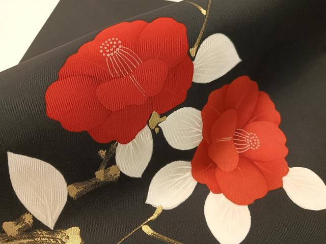 平和屋着物●塩瀬 九寸名古屋帯 手描き 枝椿 黒地 金彩 正絹 逸品 未使用 CABI4400vp