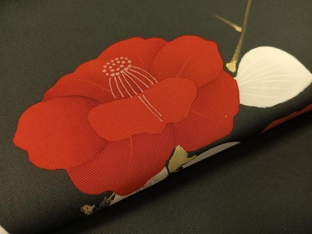 平和屋着物●塩瀬 九寸名古屋帯 手描き 枝椿 黒地 金彩 正絹 逸品 未使用 CABI4400vp