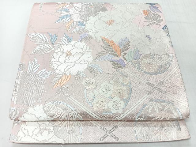平和屋着物◎西陣 六通柄袋帯 唐織 露芝牡丹文 金糸 正絹 逸品 CABI4450nb