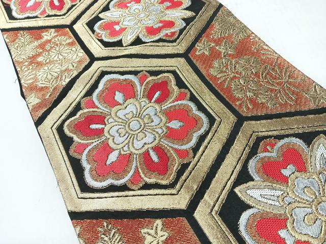 平和屋着物◎六通柄袋帯 亀甲花文 黒地 金銀糸 正絹 逸品 CABI4464nb