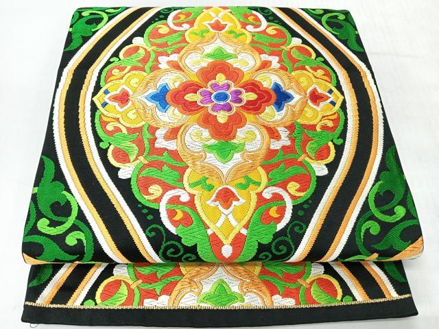 平和屋着物◎六通柄袋帯 唐織 立涌更紗花唐草文 黒地 正絹 逸品 CABI4513nb