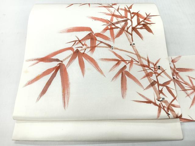 平和屋着物◎塩瀬 九寸名古屋帯 作家物 手描き 笹竹文 正絹 逸品 未使用 CABI4532nb