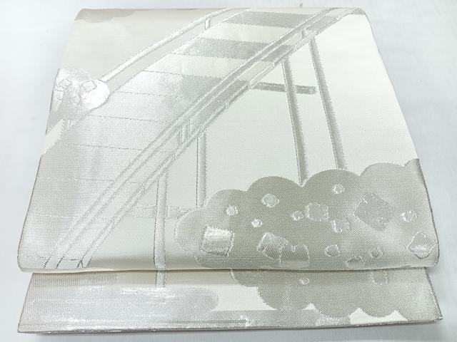 平和屋着物◎両面 全通柄袋帯 渡り橋草花文 銀糸 正絹 逸品 CABI4537nb